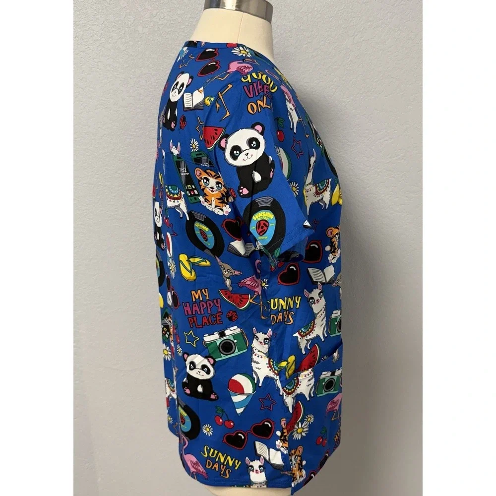 NWT Cherokee Happy Vibes Scrub Top M Panda Llama On Royal Blue Scrubs Nurse RN - Picture 4 of 8